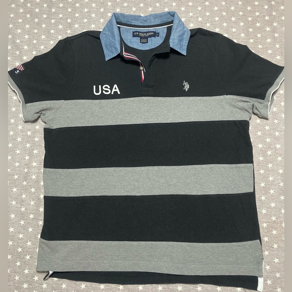Vintage US Polo Assn Polo Rugby Shirt Men’s Large Grey Navy Color Blocked EUC